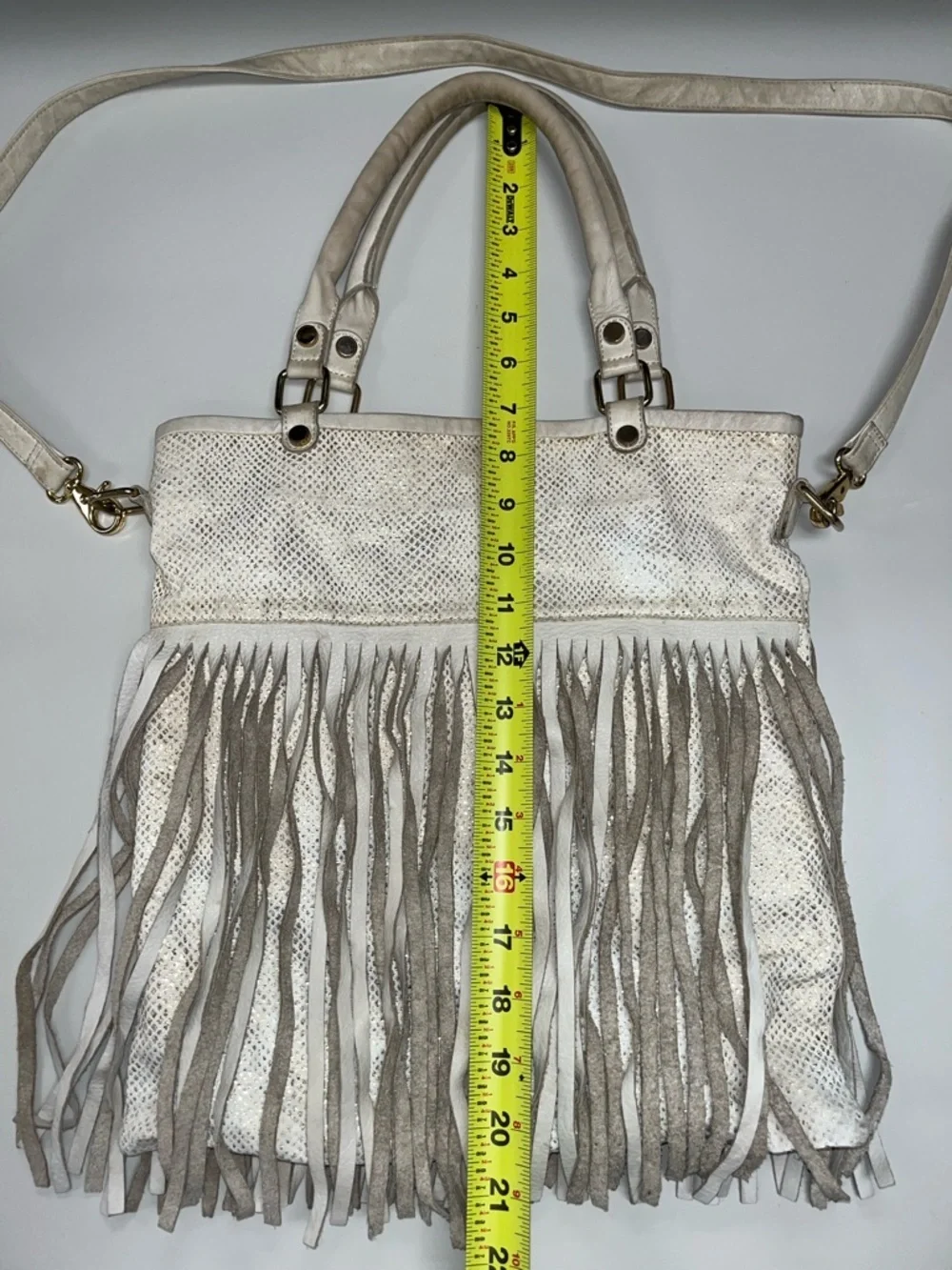 B-Low the Belt White & Gold Fringe Leather & Canvas Shoulder Bag